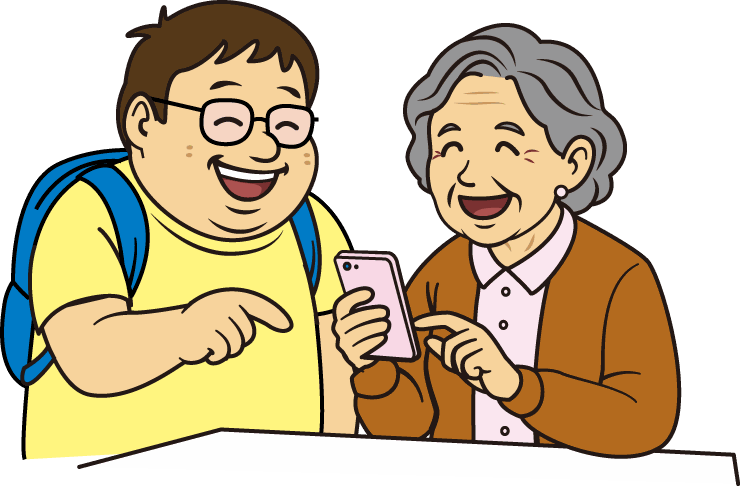 パソコン大先生のスタッフが、お客様にスマートフォンの使い方を説明しているイラスト